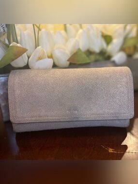 Fossil Metallic Champagne Leather Flap Wallet Shimmer Checkbook Wallet